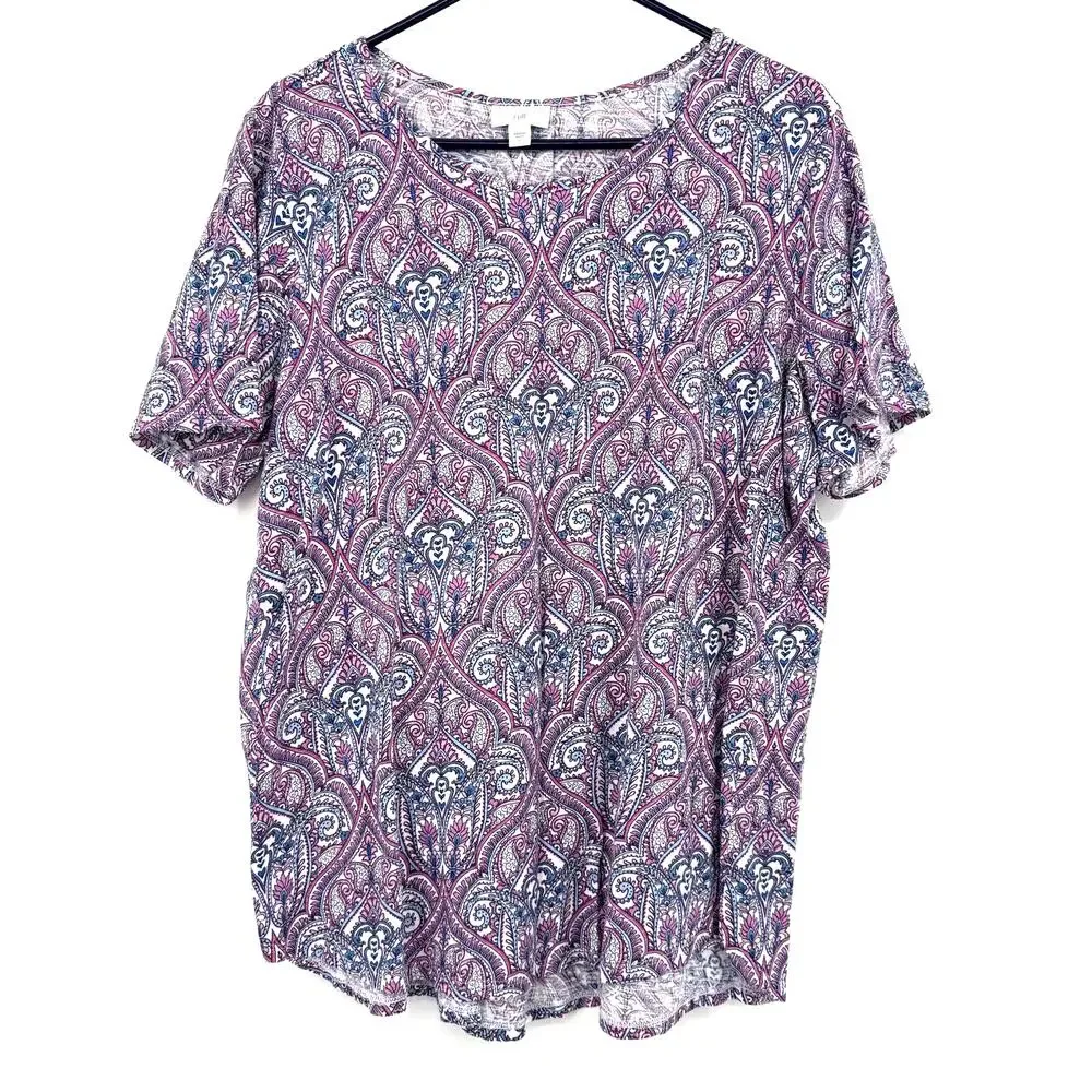 J. Jill Size XL Short Sleeve Blouse Top Shirt Purple Blue White Cotton Blend